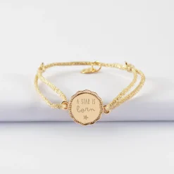 Bracelet enfant personnalisé cordon pailleté médaille contour fleur gravée plaqué or 2 trous 15 mm