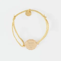 Bracelet enfant personnalisé cordon pailleté médaille contour fleur gravée plaqué or 2 trous 15 mm