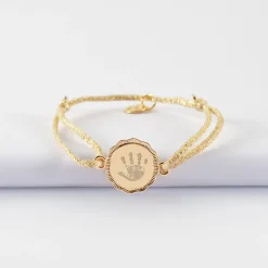Bracelet enfant personnalisé cordon pailleté médaille contour fleur gravée plaqué or 2 trous 15 mm