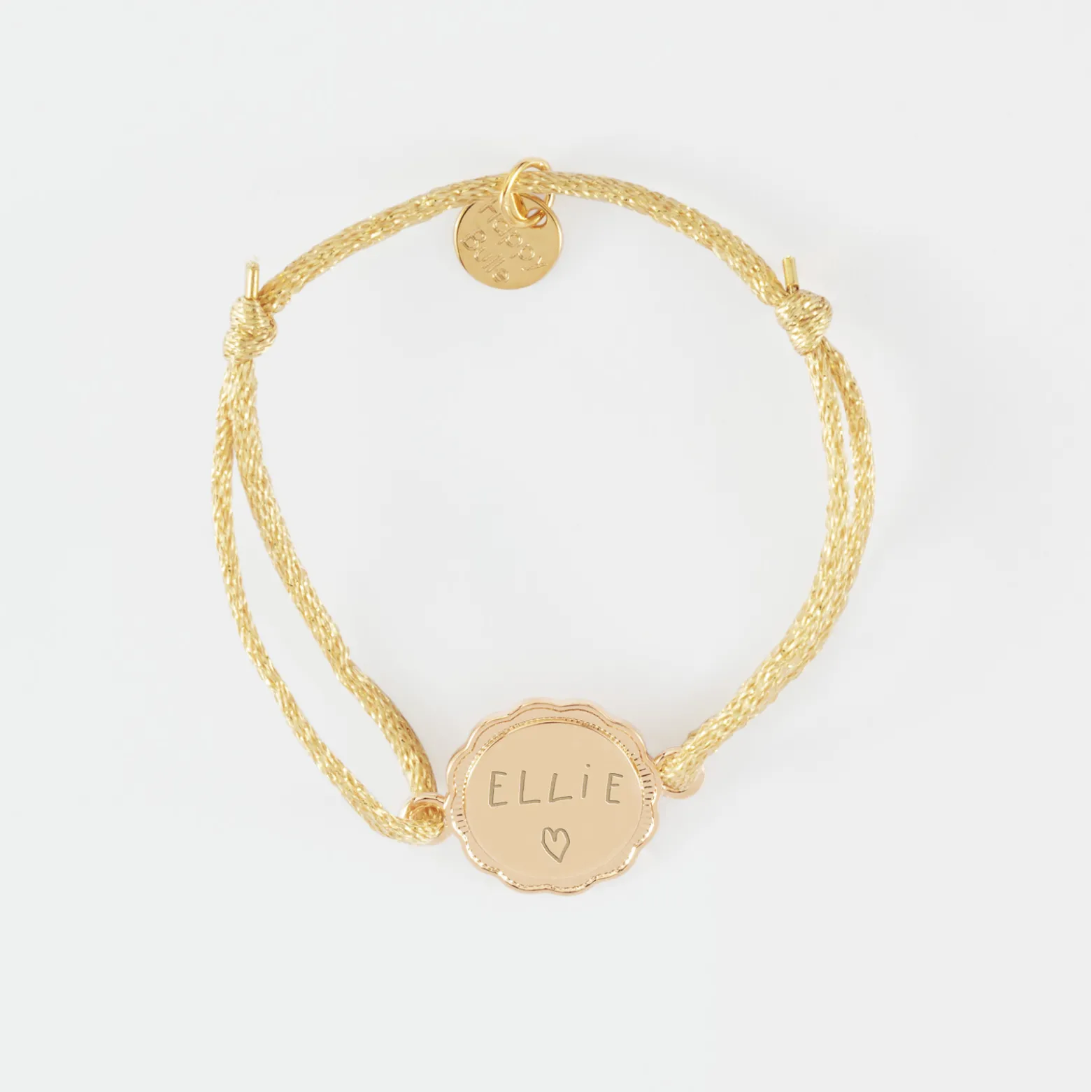 Bracelet enfant personnalisé cordon pailleté médaille contour fleur gravée plaqué or 2 trous 15 mm