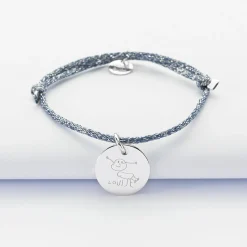 Bracelet enfant personnalisé cordon pailleté médaille gravée argent 15 mm