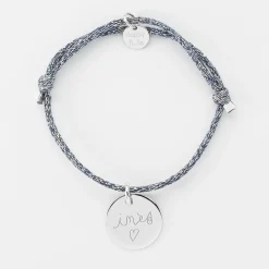 Bracelet enfant personnalisé cordon pailleté médaille gravée argent 15 mm