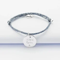 Bracelet enfant personnalisé cordon pailleté médaille gravée argent 15 mm
