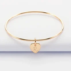 Bracelet enfant personnalisé jonc plaqué or médaille gravée initiale coeur 10 mm