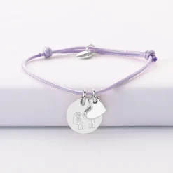 Bracelet enfant personnalisé médaille gravée argent 15 mm et breloque coeur email 10 mm
