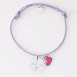 Bracelet enfant personnalisé médaille gravée argent 15 mm et breloque coeur email 10 mm