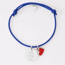 Bracelet enfant personnalisé médaille gravée argent 15 mm et breloque coeur email 10 mm