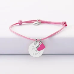 Bracelet enfant personnalisé médaille gravée argent 15 mm et breloque coeur email 10 mm