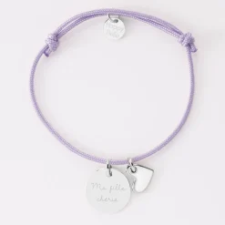 Bracelet enfant personnalisé médaille gravée argent 15 mm et breloque coeur email 10 mm