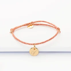 Bracelet enfant personnalisé cordon pailleté médaille gravée plaqué or initiale 10 mm