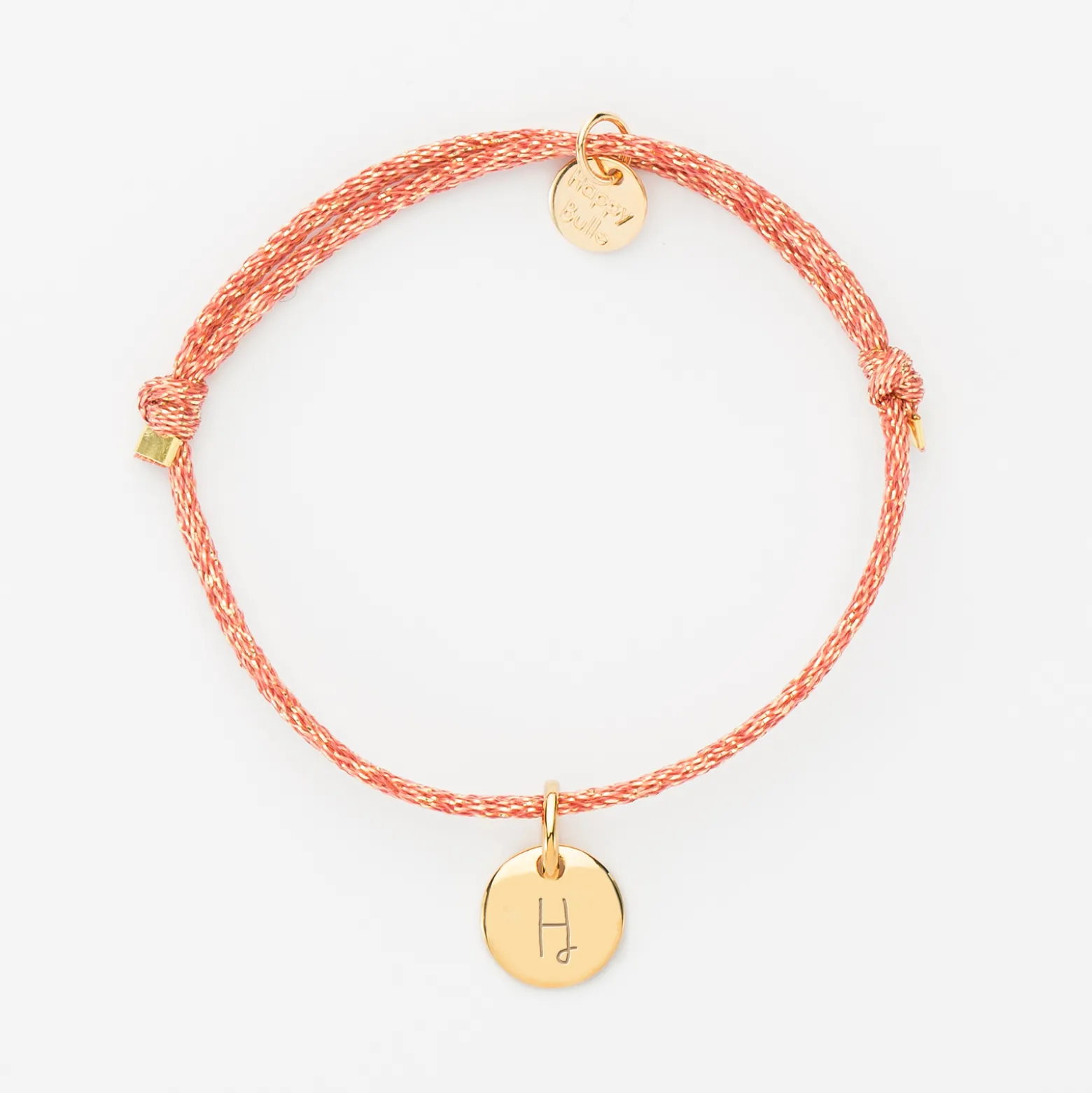 Bracelet enfant personnalisé cordon pailleté médaille gravée plaqué or initiale 10 mm