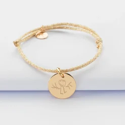 Bracelet enfant personnalisé cordon pailleté médaille gravée plaqué or 15 mm