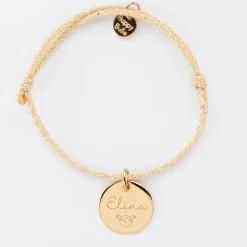 Bracelet enfant personnalisé cordon pailleté médaille gravée plaqué or 15 mm