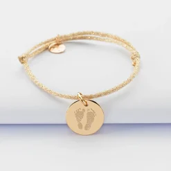 Bracelet enfant personnalisé cordon pailleté médaille gravée plaqué or 15 mm