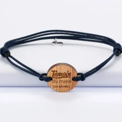Bracelet EVG personnalisé cordon double médaille gravée bois ronde 2 trous 21 mm