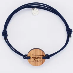 Bracelet EVG personnalisé cordon double médaille gravée bois ronde 2 trous 21 mm