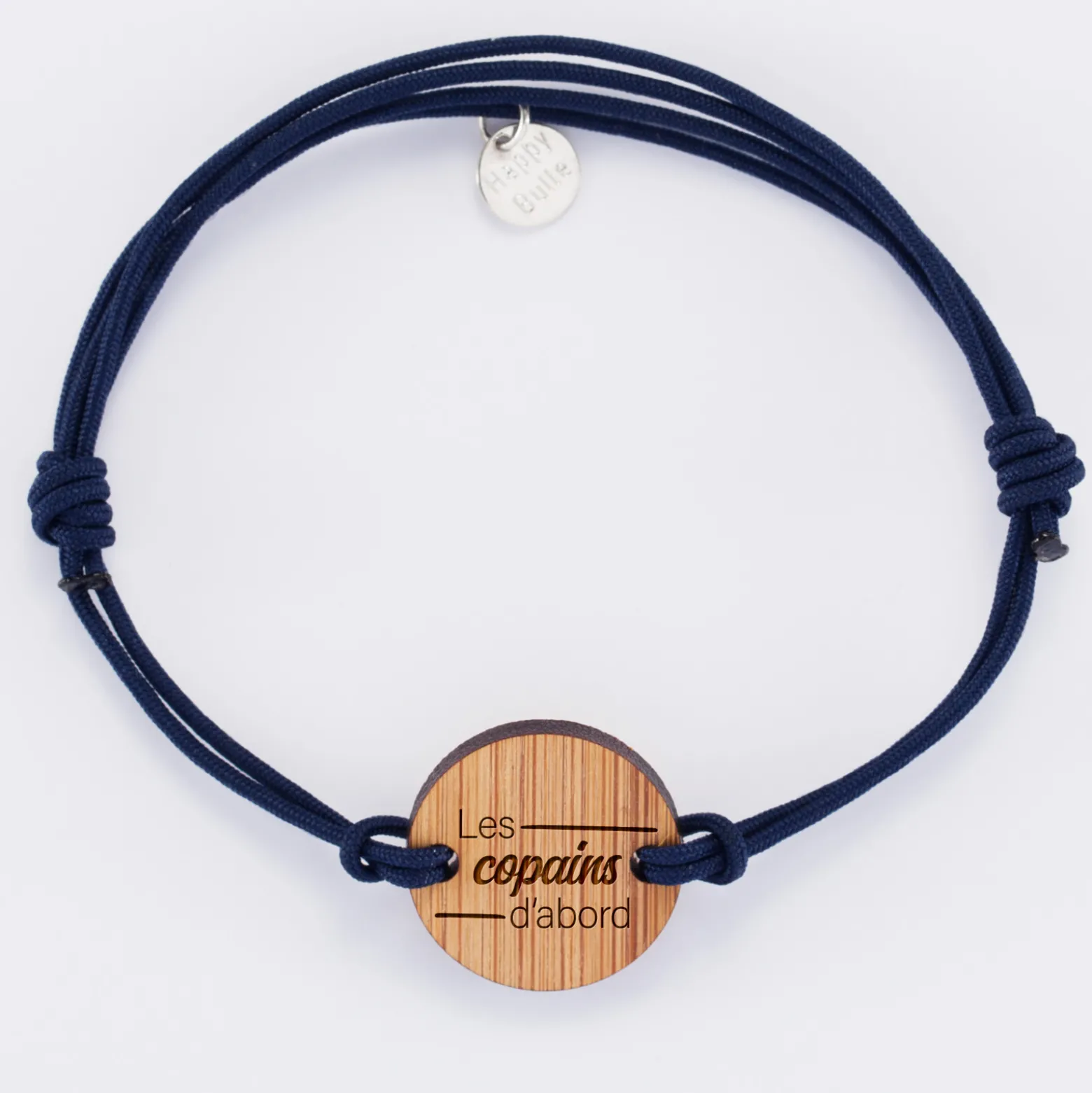 Bracelet EVG personnalisé cordon double médaille gravée bois ronde 2 trous 21 mm