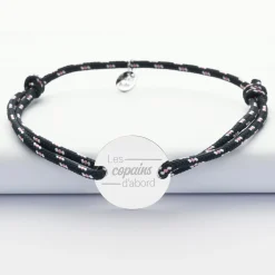 Bracelet EVG personnalisé cordage marin simple médaille gravée argent 2 trous 20 mm