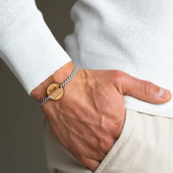 Bracelet EVG personnalisé cordon marin tressé médaille gravée bois ronde 2 trous 21 mm