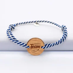 Bracelet EVG personnalisé cordon marin tressé médaille gravée bois ronde 2 trous 21 mm