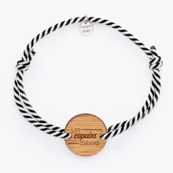 Bracelet EVG personnalisé cordon marin tressé médaille gravée bois ronde 2 trous 21 mm