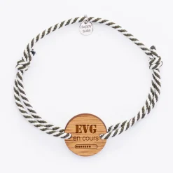 Bracelet EVG personnalisé cordon marin tressé médaille gravée bois ronde 2 trous 21 mm
