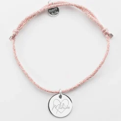 Bracelet EVJF personnalisé cordon pailleté médaille gravée argent 15 mm
