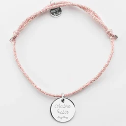 Bracelet EVJF personnalisé cordon pailleté médaille gravée argent 15 mm