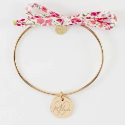 Bracelet EVJF personnalisé jonc plaqué or et cordon Liberty médaille gravée 15 mm