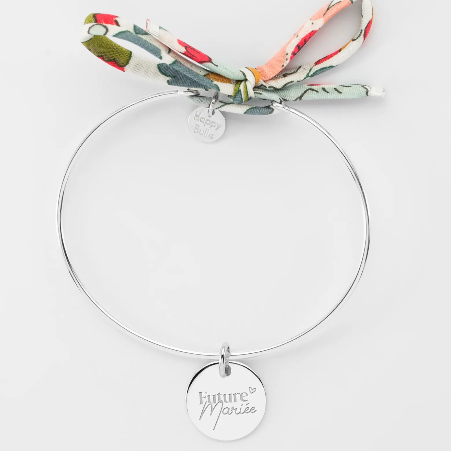 Bracelet EVJF personnalisé jonc argent et cordon Liberty médaille gravée 15 mm