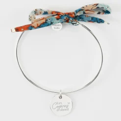 Bracelet EVJF personnalisé jonc argent et cordon Liberty médaille gravée 15 mm