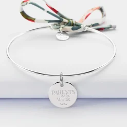 Bracelet Famille des mariés personnalisé jonc argent et cordon Liberty médaille gravée 15 mm