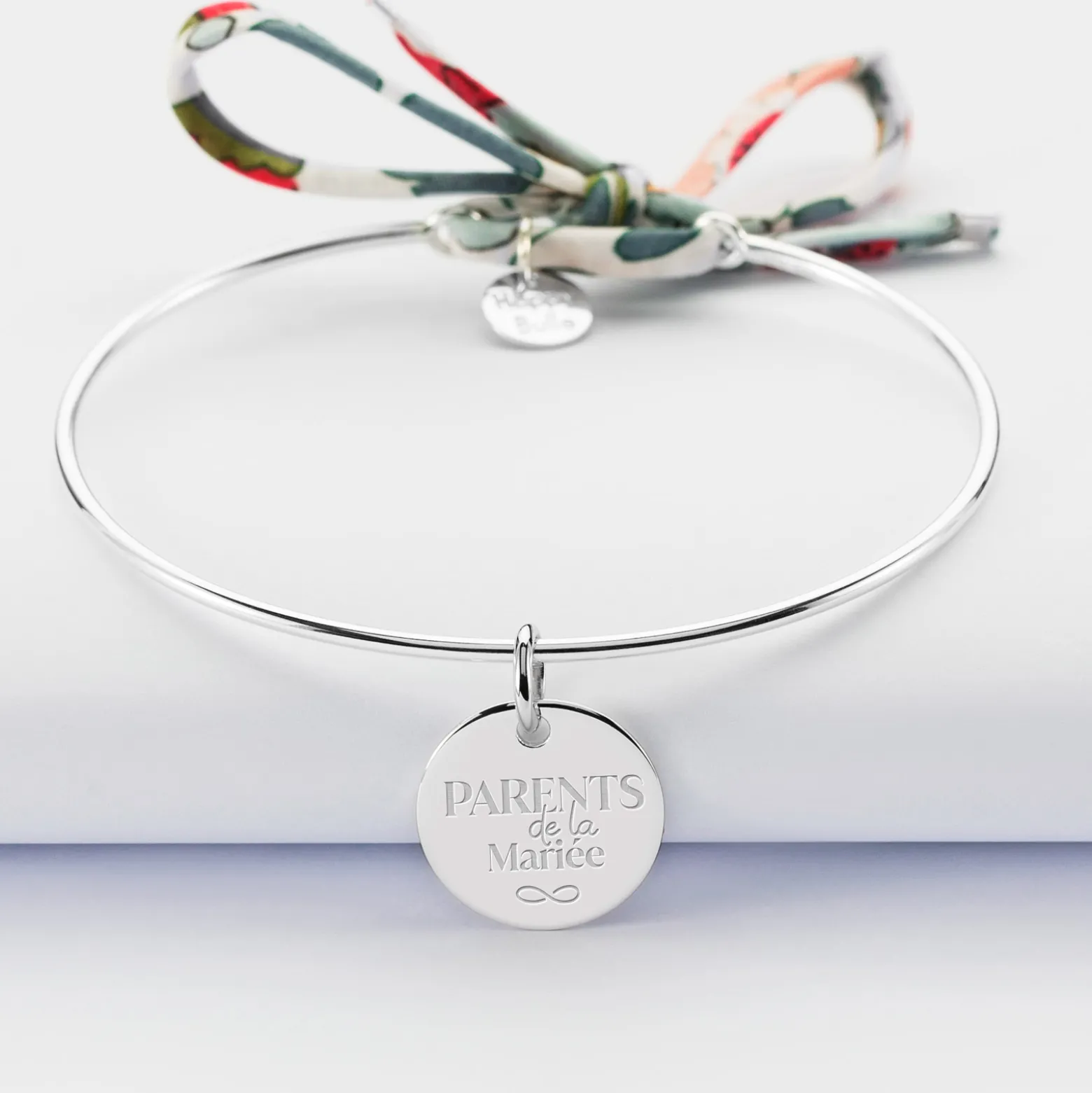 Bracelet Famille des mariés personnalisé jonc argent et cordon Liberty médaille gravée 15 mm
