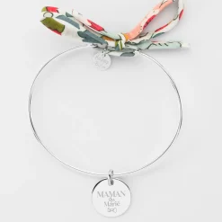 Bracelet Famille des mariés personnalisé jonc argent et cordon Liberty médaille gravée 15 mm