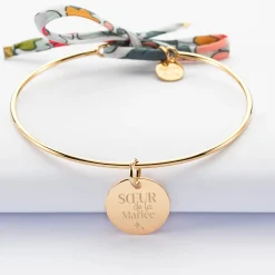 Bracelet Famille des mariés personnalisé jonc plaqué or et cordon Liberty médaille gravée 15 mm
