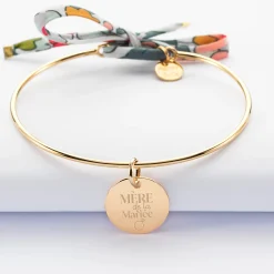 Bracelet Famille des mariés personnalisé jonc plaqué or et cordon Liberty médaille gravée 15 mm