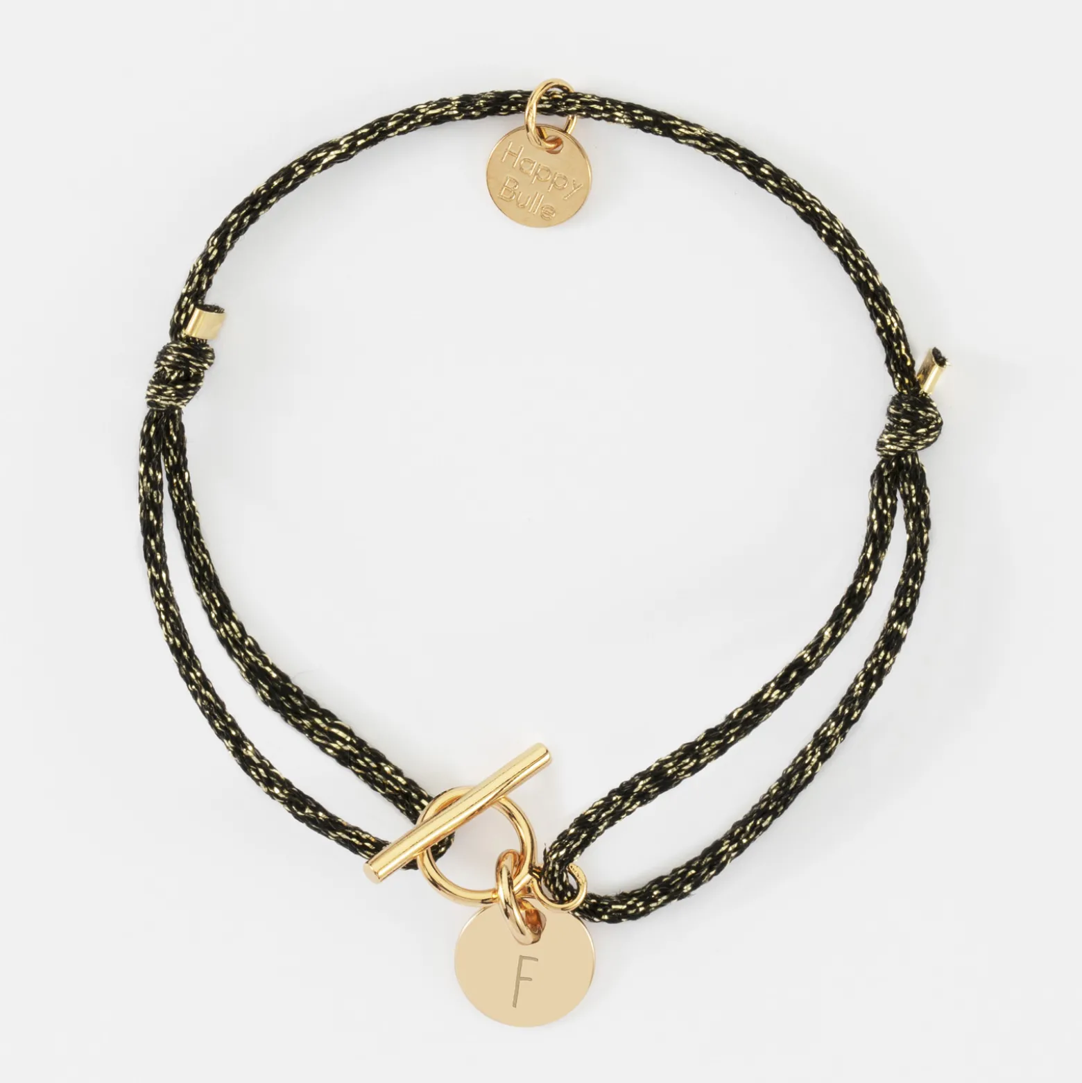 Bracelet fermoir personnalisé cordon pailleté médaille gravée plaqué or initiale 10 mm