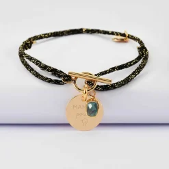 Bracelet fermoir personnalisé cordon pailleté médaille gravée plaqué or 15 mm et breloque rectangle zircon plaqué or 9 mm