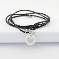 Bracelet fermoir personnalisé cordon 3 tours pailleté médaille gravée argent 15 mm