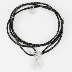 Bracelet fermoir personnalisé cordon 3 tours pailleté médaille gravée argent 15 mm
