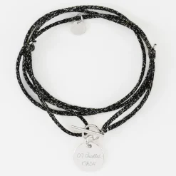 Bracelet fermoir personnalisé cordon 3 tours pailleté médaille gravée argent 15 mm