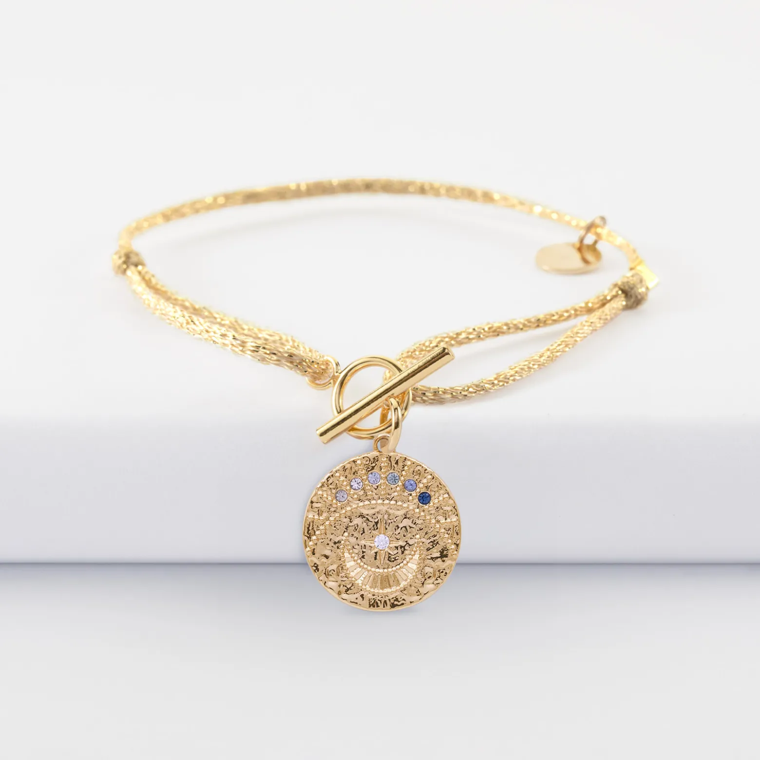Bracelet fermoir personnalisé cordon pailleté médaille Lune zircons crépuscule gravée plaqué or 16 mm