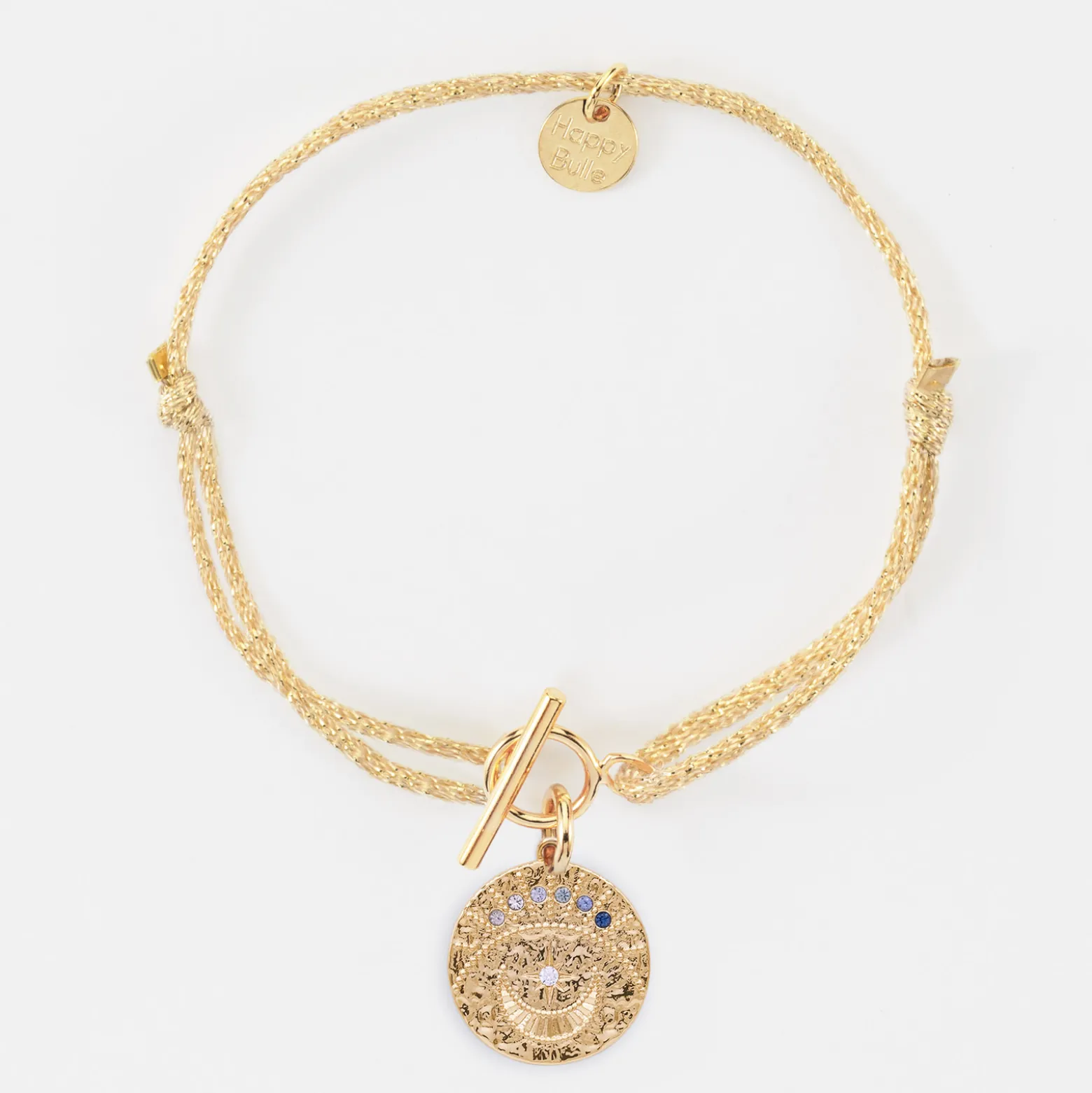 Bracelet fermoir personnalisé cordon pailleté médaille Lune zircons crépuscule gravée plaqué or 16 mm