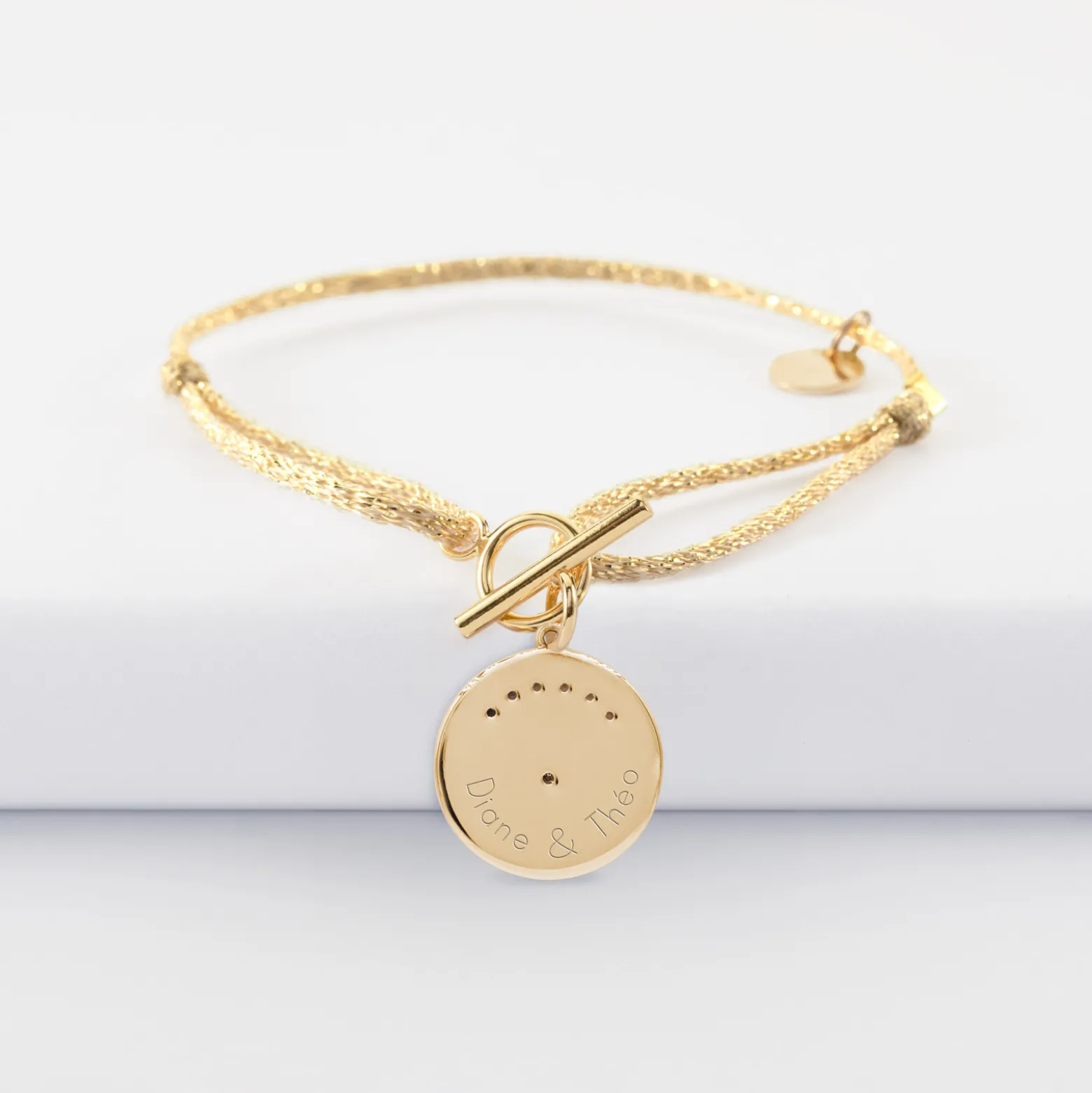 Bracelet fermoir personnalisé cordon pailleté médaille Lune zircons crépuscule gravée plaqué or 16 mm