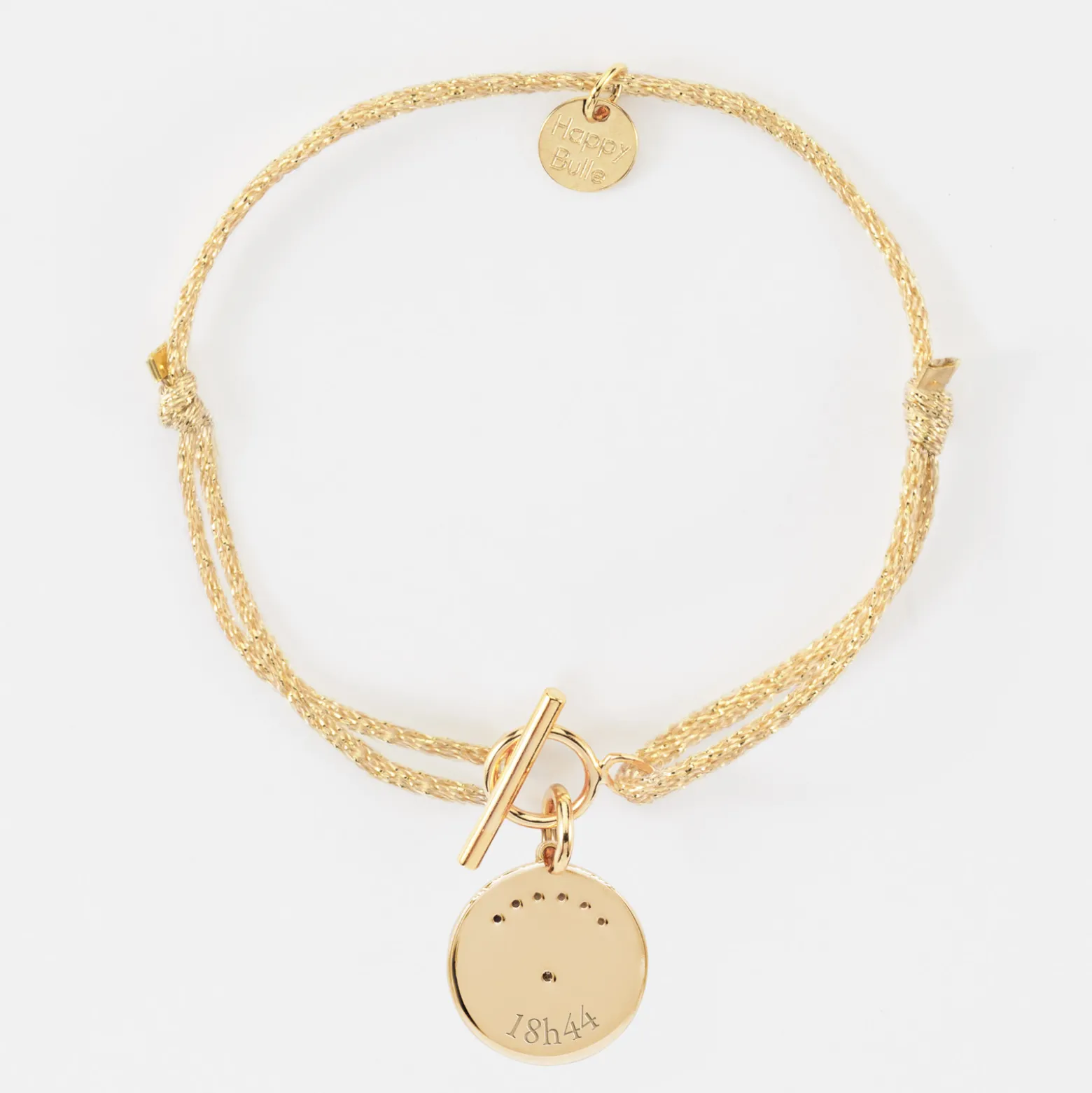 Bracelet fermoir personnalisé cordon pailleté médaille Lune zircons crépuscule gravée plaqué or 16 mm
