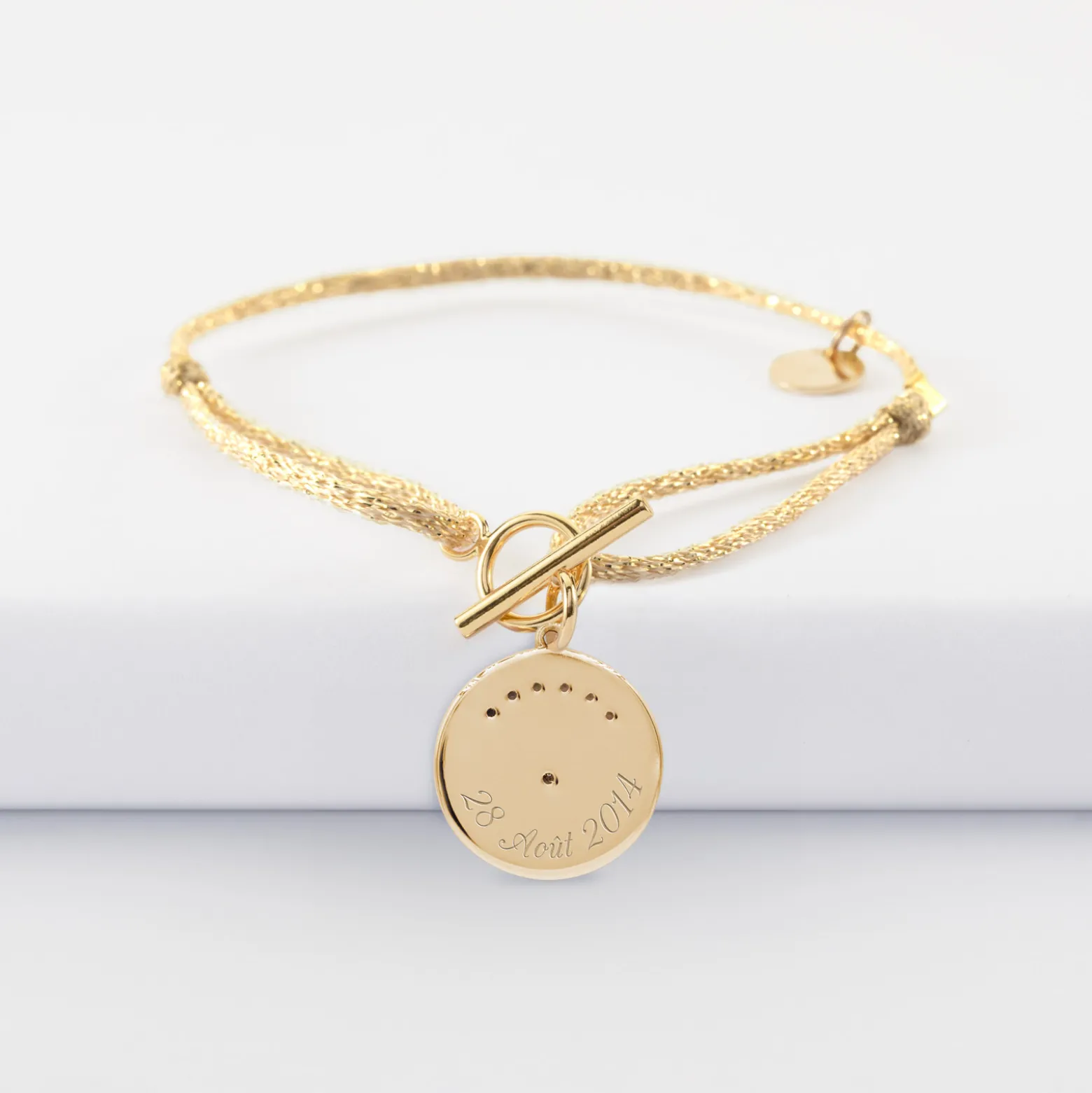 Bracelet fermoir personnalisé cordon pailleté médaille Lune zircons crépuscule gravée plaqué or 16 mm