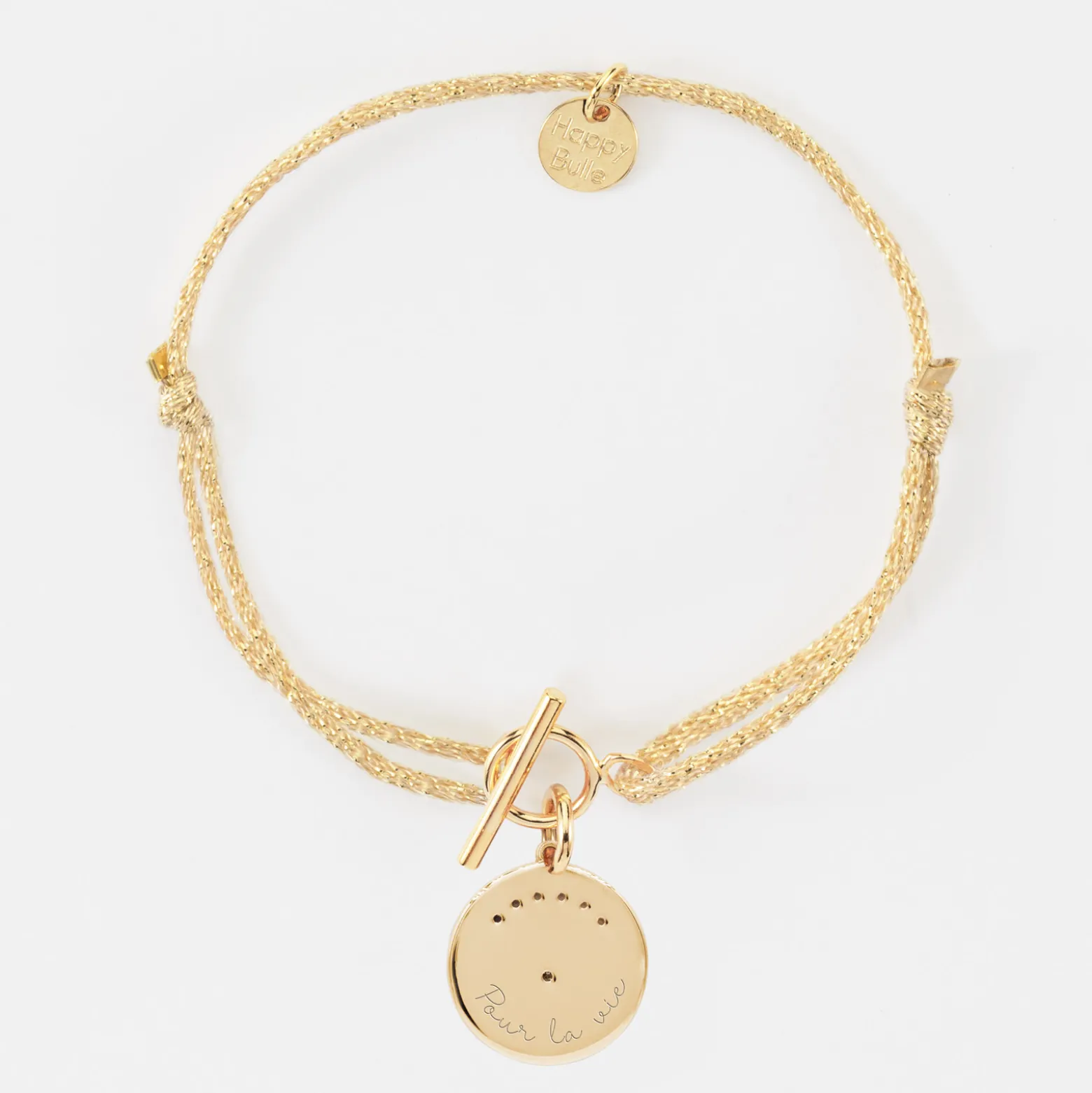 Bracelet fermoir personnalisé cordon pailleté médaille Lune zircons crépuscule gravée plaqué or 16 mm