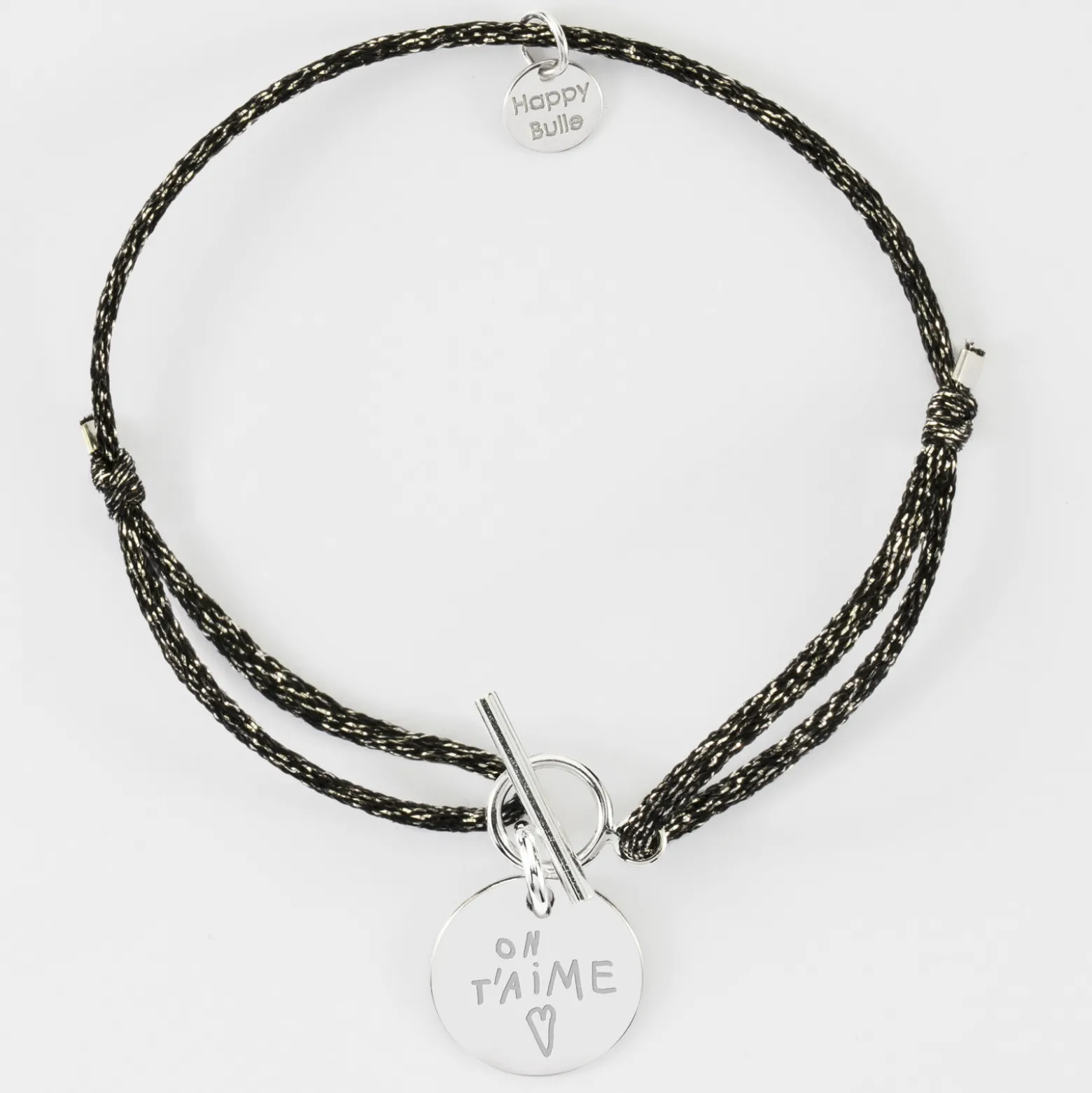 Bracelet fermoir personnalisé cordon pailleté médaille gravée argent 15 mm