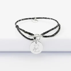 Bracelet fermoir personnalisé cordon pailleté médaille gravée argent 15 mm