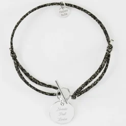 Bracelet fermoir personnalisé cordon pailleté médaille gravée argent 15 mm